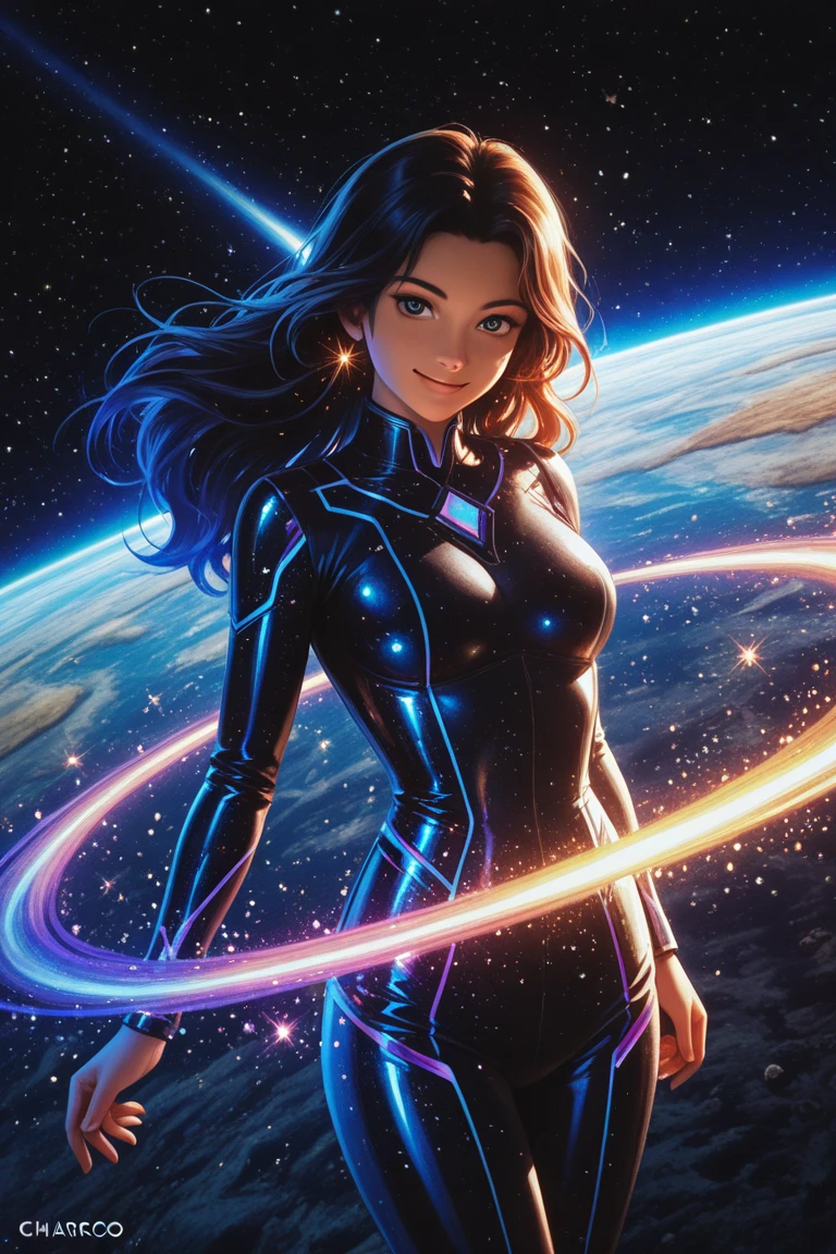 Beautiful young brunette woman in blue crop top holding planet earth in her hand, smirking, evil, looking down at camera, low angle, (from_below:1.5), background cosmic, cinematic hd 4k 8k highly detailed octane render trending artstation, Dynamic Light