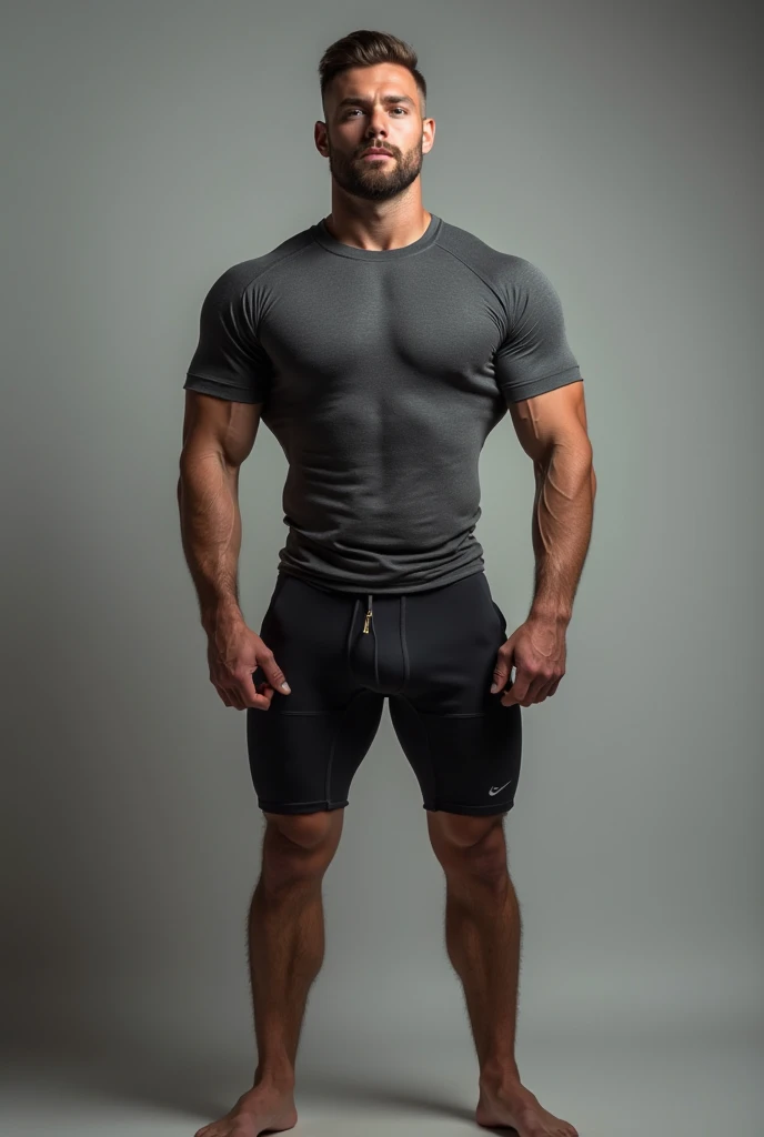 young teen twink with undercut hairstyle, he is shirtless and has skinny and fully shaved body and abs, he is standing in the gym, he is wearing only long sport Nike underwear, realistic full body high quality photo