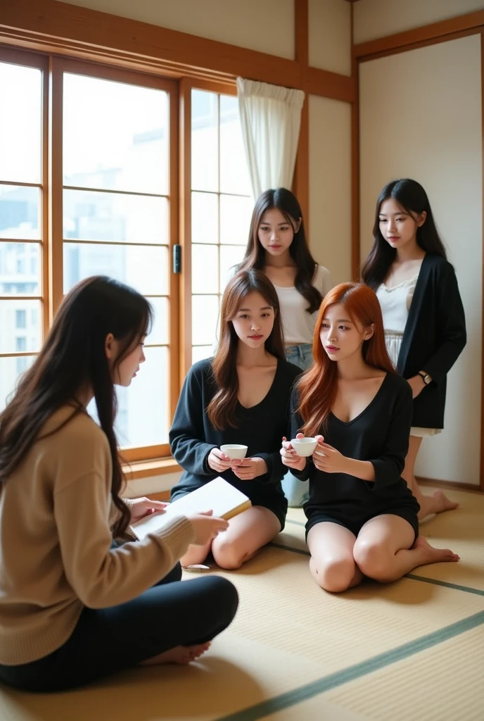 3 girls sitting and reading books in the bedroom on the floor of the room, Beautiful figure, slim stomach.: 1.3,1 redhead,2 people with black hair, realistically,realistic