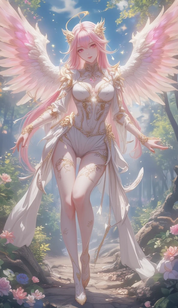 (((An angel descended from the sky)))、8K、An ultra-high picture quality、Ultra-realistic details、18year old、(Beautuful Women:1.4)、1 persons、Pink hair、Blue eyes、Slender body、(large full breasts:1.8)、Loose see-through dress with a wide open chest、((off shoulders))、Golden decoration、Background with、The sunlight filtering through the leaves of the deep forest shines through、Blur the background、3d rendered、