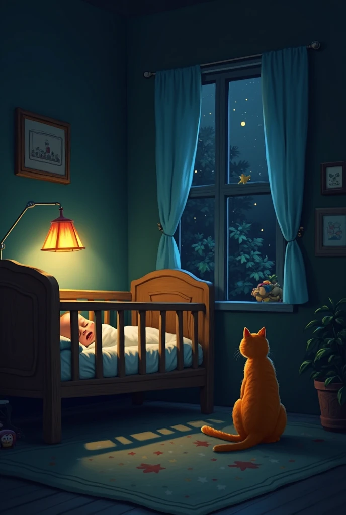 Generate cartoon-style 1940s depiction of a child's bedroom with a crib and a lamp in a nighttime setting, with a  sitting and playing.

Description: This command generates a cartoon-style illustration of a child's bedroom in the 1940s, featuring a crib and a lamp in a nighttime setting. The room is bathed in a soft, moonlit glow, casting shadows that dance across the walls. A  is depicted sitting on the floor, surrounded by toys and playthings, lost in their imagination. The crib is adorned with vintage details, and the lamp on the bedside table emits a warm, comforting light. The overall atmosphere is tranquil and nostalgic, capturing the magic of a nighttime playtime in the 1940s.

Parameters:
- Style: cartoon-style 1940s
- Setting: child's bedroom, nighttime
- Furniture: crib, lamp
- Character:  sitting and playing
- Atmosphere: tranquil, nostalgic