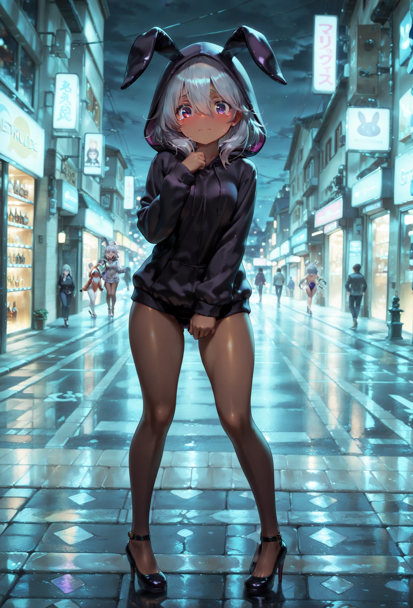 ((loli)), young, (green eyes), ((black hair)), ((ponytail)), ((petite)), ((pussy)), (pussy juice), standing, up close, city background, midnight, city, skyscraper, street, city lights, looking at viewer, Very good figure, extremely detailed, cinematic lighting, volume lighting, masterpiece, best quality, by artgerm and greg rutkowski and alphonse mucha