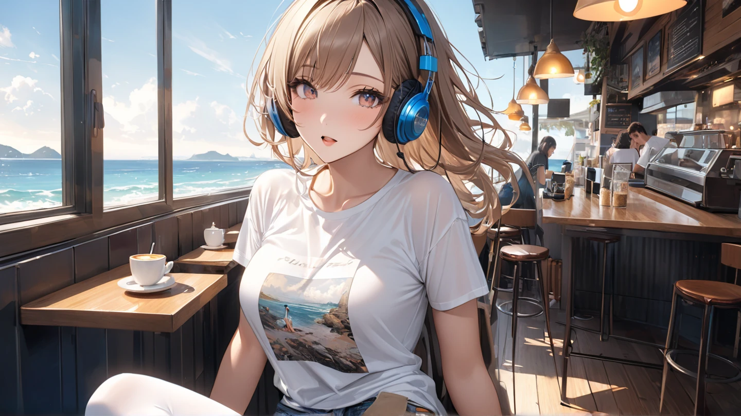Girl with headphones enjoying music in a cafe I am studying Emphasize a little bit of the chest