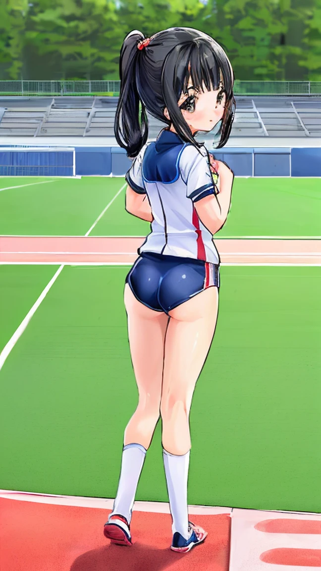 masterpiece, best quality, highres, hmmarnie, aqua eyes, naked, stadium, bending over, feet in frame, rear view, barefoot