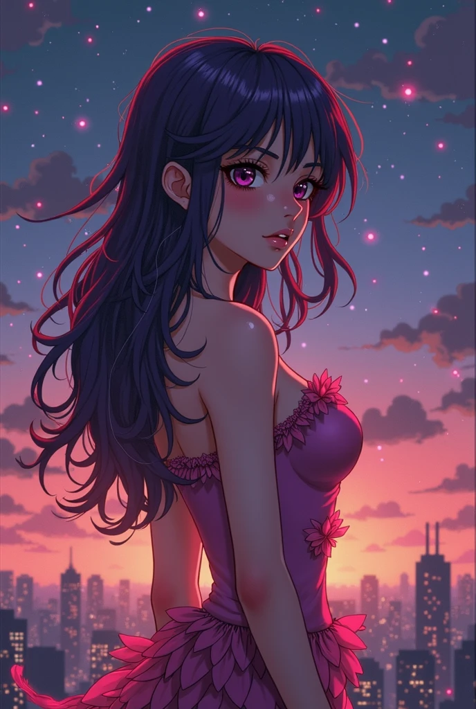 anime, medium size boobs, tall black hair, skyscraper, sunset, beautiful pink eyes, sweater, seductive face, panties, blushing brightly, high resolution, 8K, curly hair, smiling