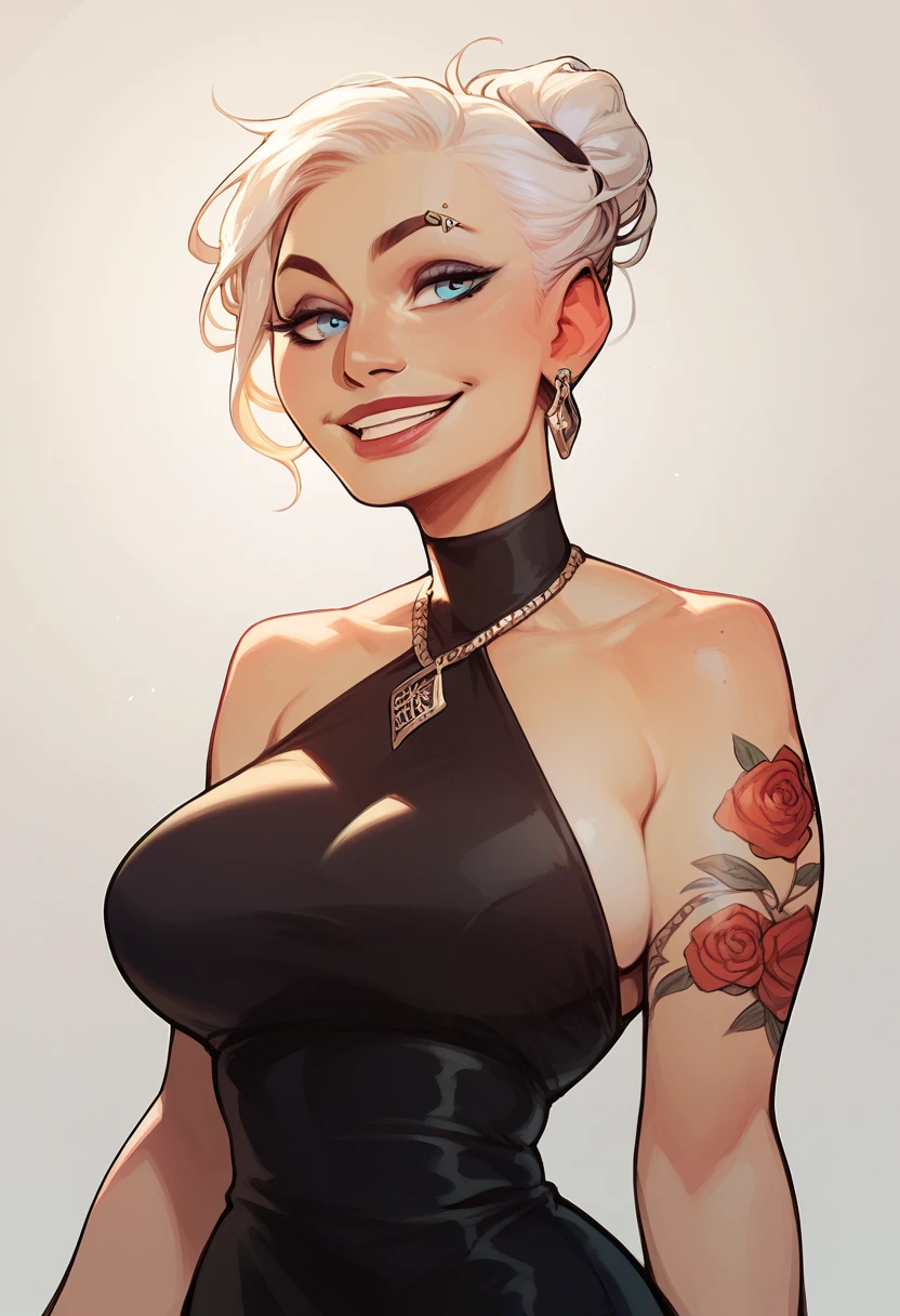 Pretty asian woman, bright silver hair, perfect face, busty, portrait, fun and smiling, lomg hair