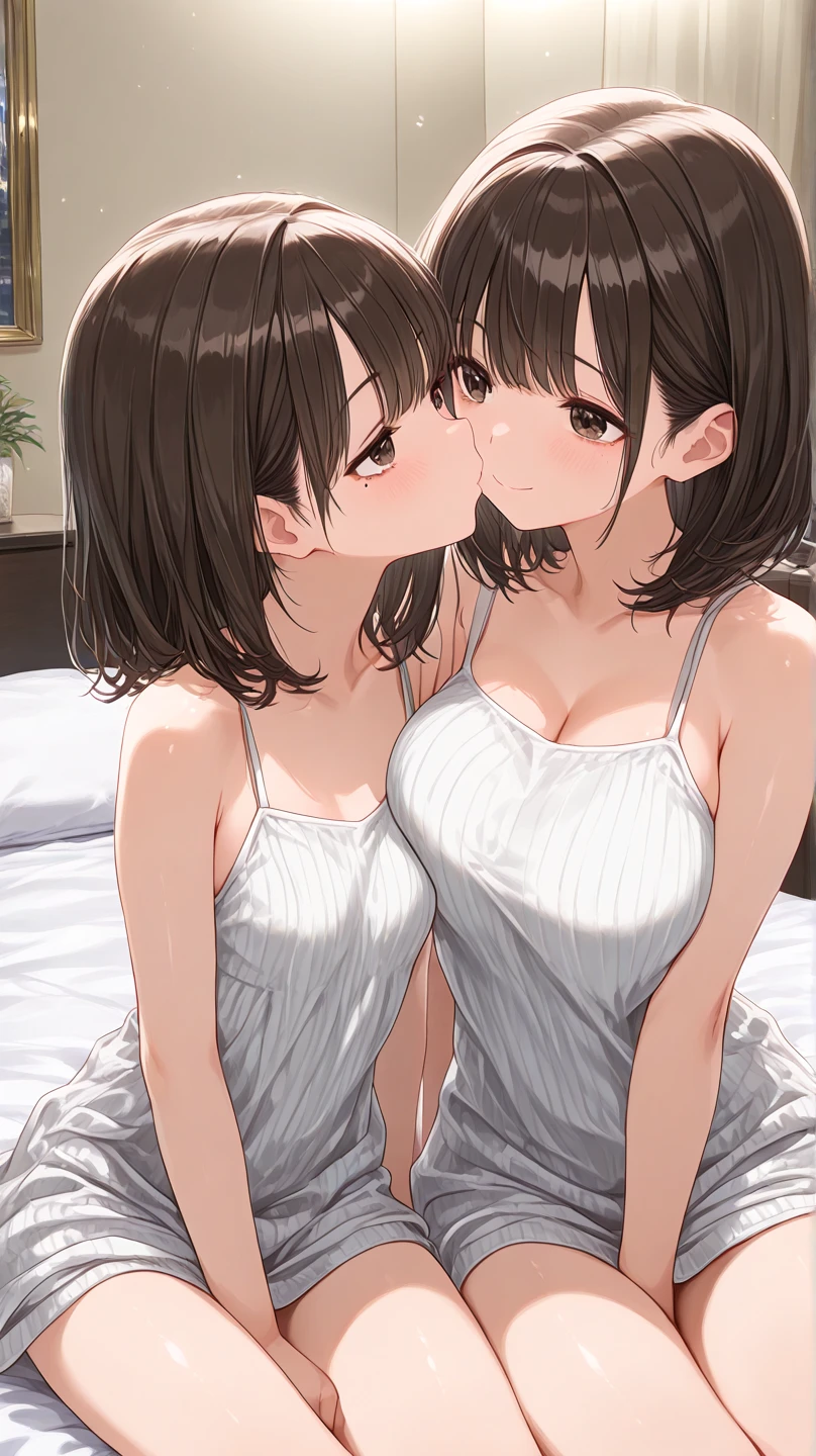 Two Women、young、Brown Hair、Short Hair、Braided hairstyle、Large Breasts、Showing cleavage、front、 Brown Hair、Wearing a white knit、Kissing