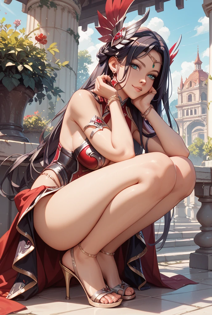 (Black long hair), tall, (blue eyes), red big lips, ethic roma, (big boobs), athletic body , short skirt, short top , high heels ,