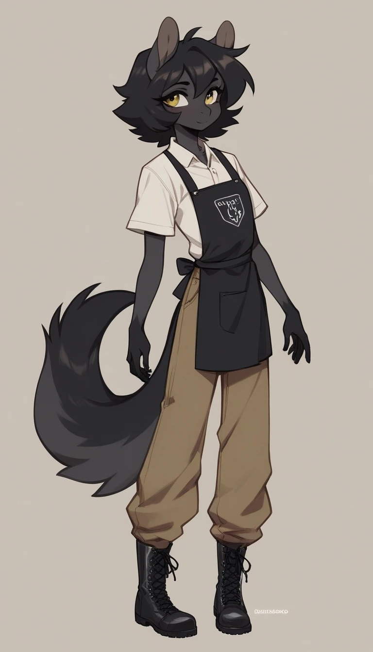 Best quality, Super detailed illustration, (Anthro Fluffy Horse Boy:1,7), (brown fur:1,5)baggy trousers, leather boots, black apron, baggy old shirt ,Tousled luxuriant hair, cheeky look, a femboy, slim, perfect body