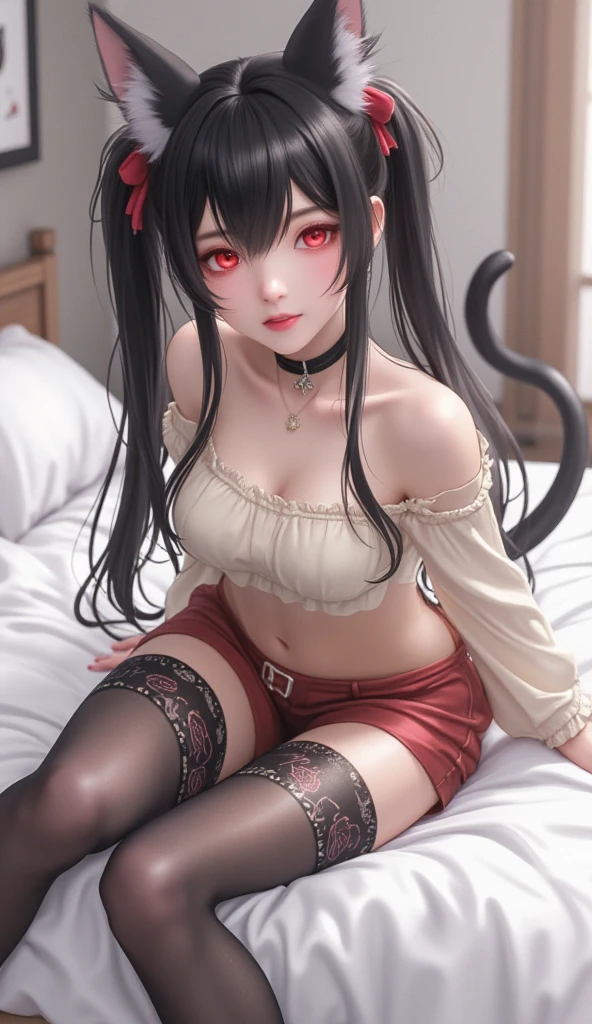 A chibi Zoroark girl is lying on a bed and looking at the viewer, drawn by personalami and zaush in the art style of scappo and miles df. The artwork is of the highest quality, with a highly detailed depiction of the girl. She has beautiful, detailed eyes and lips. The girl has red skin, which adds a unique and eye-catching element to the artwork. She is wearing string type clothes that complement her playful and mysterious nature. The overall color palette is vibrant and vivid, further enhancing the visual impact of the artwork. The lighting in the scene is soft and warm, providing a cozy and inviting atmosphere.