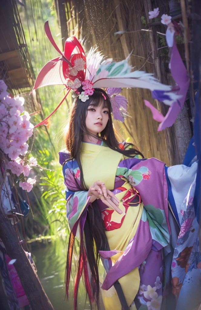 Solarization:1.5,(Patchwork floral tapestry art background:1.5),Colorful、Black hair、long、Korean beauty with matching bangs、Thin eyeliner、Rose Red Lip、Red kimono、Powerful studio lighting、top-quality、masterpiece、bokeh dof、Front Focus illustration in the style of cute, an elegant and beautiful girl with long brown hair in braids wears colorful striped tights under a straw hat decorated with flowers, she has green eyes and is wearing a rainbow colored sweater. the background depicts a magical garden filled with blooming sunflowers and daisies, full body, delicate and fine art style, cute and dreamy mood, soft lighting, vibrant colors, digital painting
