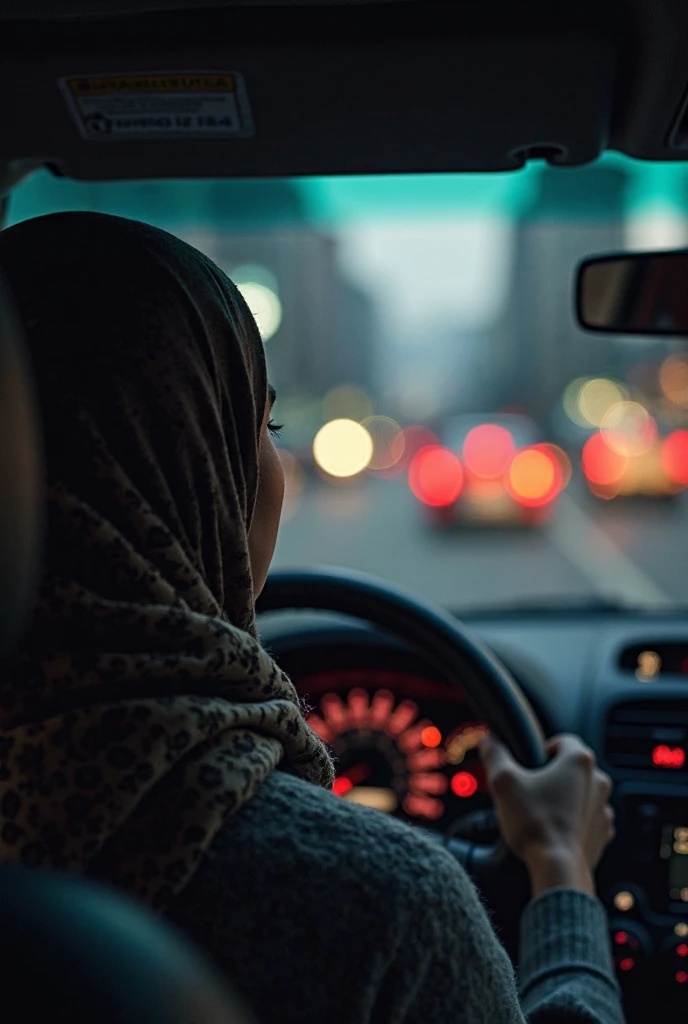 Woman in pink hijab in car with plump lips and big eyes looking at camera while camera is inside car, He has a serious look and semen all over his face
