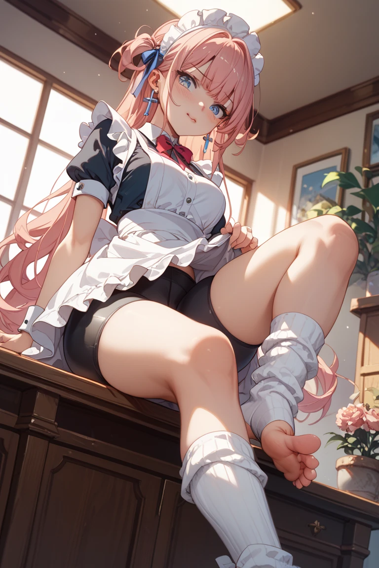 NSFW, spread legs, legs up, shorts,hold legs with her hands,front,nose blush,glaring,fishnet tights,panties,white school gym clothes,camel toe