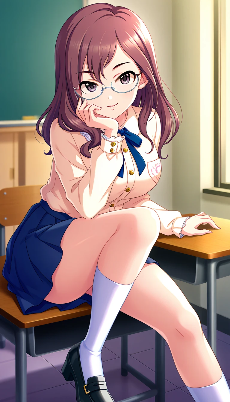 NSFW, (masterpiece, top quality, best quality, highly detailed:1.6), extremely detailed CG unity 8k wallpaper, (full body), wide shot, long shot, (Open your knees, Lift up the hem of the skirt with both hands, Show your urethra:4), (Show your crotch, pussy, urethra:2), (lite blue striped pattern panties, half-undressed panties:2.5), pair of partially removed panties is hanging around one of her ankles, half-taken panty, (Excretion urine splashes on panty, Pee stains spreading on panties, pee running down legs:2), (squatting, skirt lift, clutching skirt:1.6), (((Lift up the skirt high))), Pee excreted with force, Urine that is discharged from the urethra in a parabolic arc, strong facial expression, (sharp eye:1.2), (scowl:1.1), (embarrassed, blush:1.3), (steam:1.9), (wet:1.2), (sweat:1.1), (trembling:1.3), (open mouth, wavy mouth:1.4), (half open eyes:2), (one eye closed, wink:2), (feeling weak:1.5), (shoot from front, looking at viewer:1.2), (school uniform, pink cardigan:2), (high school class room), (Windows overlooking school garden), woman, indoor, High socks, Loafers, (long hair, dark brown hair, ponytail:1.5), (glasses:1.8), (woman trembling with sexual climax:1.5), (Be incontinent:1.5), colorful, perfect composition, urination, incontinence, piss, peeing self, (((pee stream))), (pee puddle), wetting herself, pee stain, large breasts, Yellow pee, ((leaking pee)), puddle of pee, Pee at your feet, Pee spread on the floor, Pee stains, Dripping pee between my legs, Feet wet from pee, Pee-covered feet, Pee at your feet, want to pee, about to pee, Full bladder, Pee-soaked skirt, Pee-soaked Loafers and socks, natural makeup,