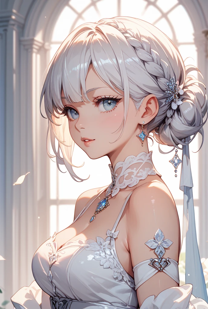 Vegapunk Lilith in One Piece, white dress, long sleeve dress, beautiful and sweet smile, front view, stunning eyes, perfect background