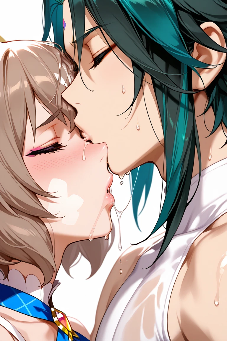 (masterpiece, best quality, ultra-detailed, high resolution, detailed eyes), {vulgar}, nsfw, takeda hiromitsu style, {{{2women}}}, {school girl uniform, {collar}}, cuvy body, looking at viewer, (french kiss:1.3), (blushing:1.3), (tongue out:1.3), (drool:1.4), (breath:1.3), (orgasm:1.3), sweaty skin