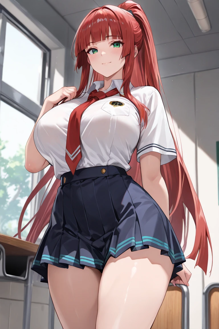 masterpiece, best quality, highly detailed background, perfect lighting, best quality, (extremely detailed face), volumetric lighting, intricate details, shadow, tonemapping, sharp focus, hyper detailed, trending on Artstation, (solo), (Background in the bathroom) .Girl with long red hair. Red eyes. Sexy. curvy. Blush, Clear skin. Belly in sight. Big bust. Smile, ((with school report)) ((Dressed as a schoolgirl))