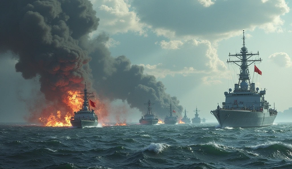 ((Epic scene)), best quality, photoshoot, realistic, sea war battle of warships during a terrible storm, shootout, explosions, fire, sinking ships, wreckage, perspective, luminescent, bright colors, illusion, atmospheric scene, masterpiece, best quality, (((landscape))),