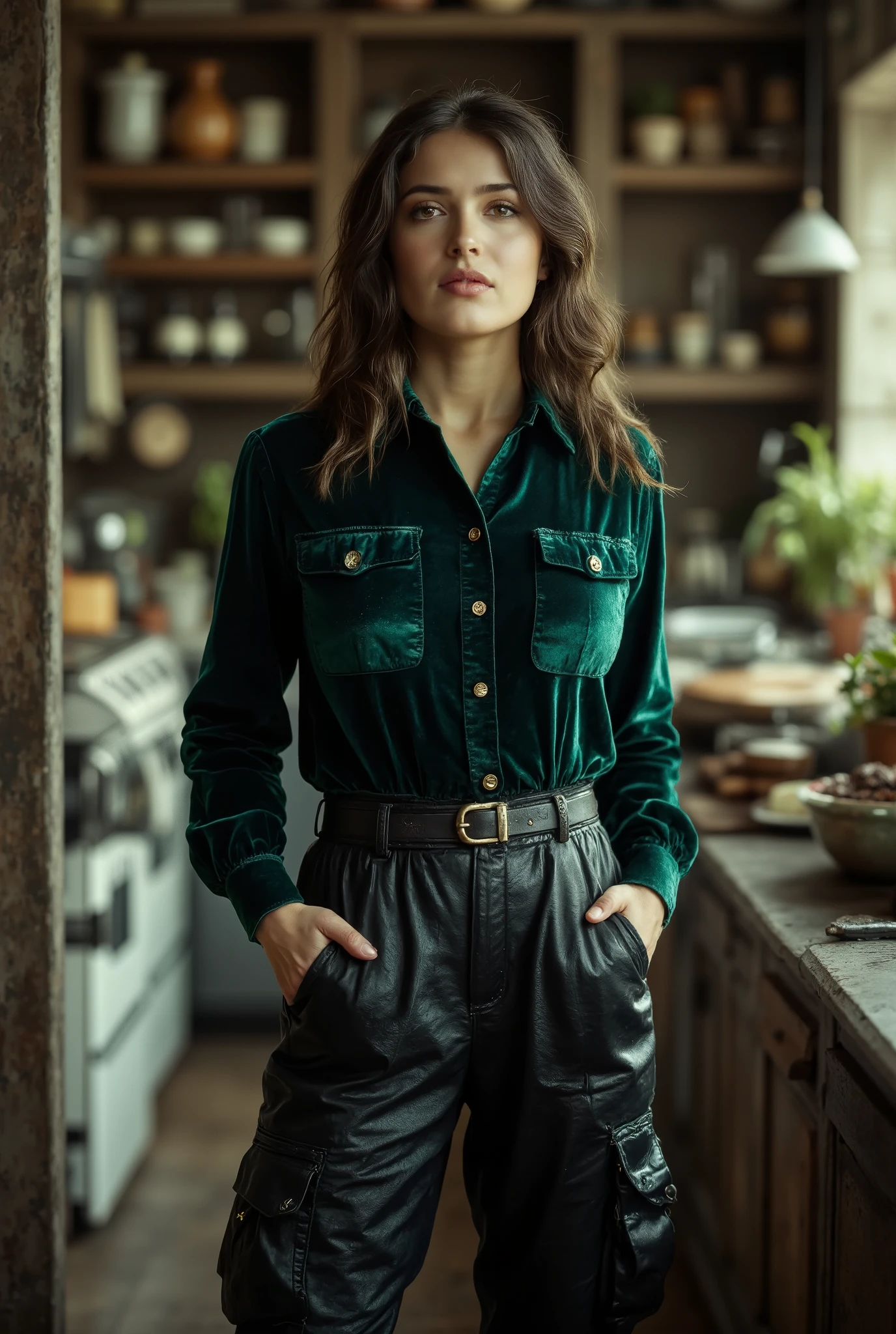  full body image, woman wearing a green velvet button down shirt and oversized baggy leather cargo pants with a belt, fully stocked vintage kitchen