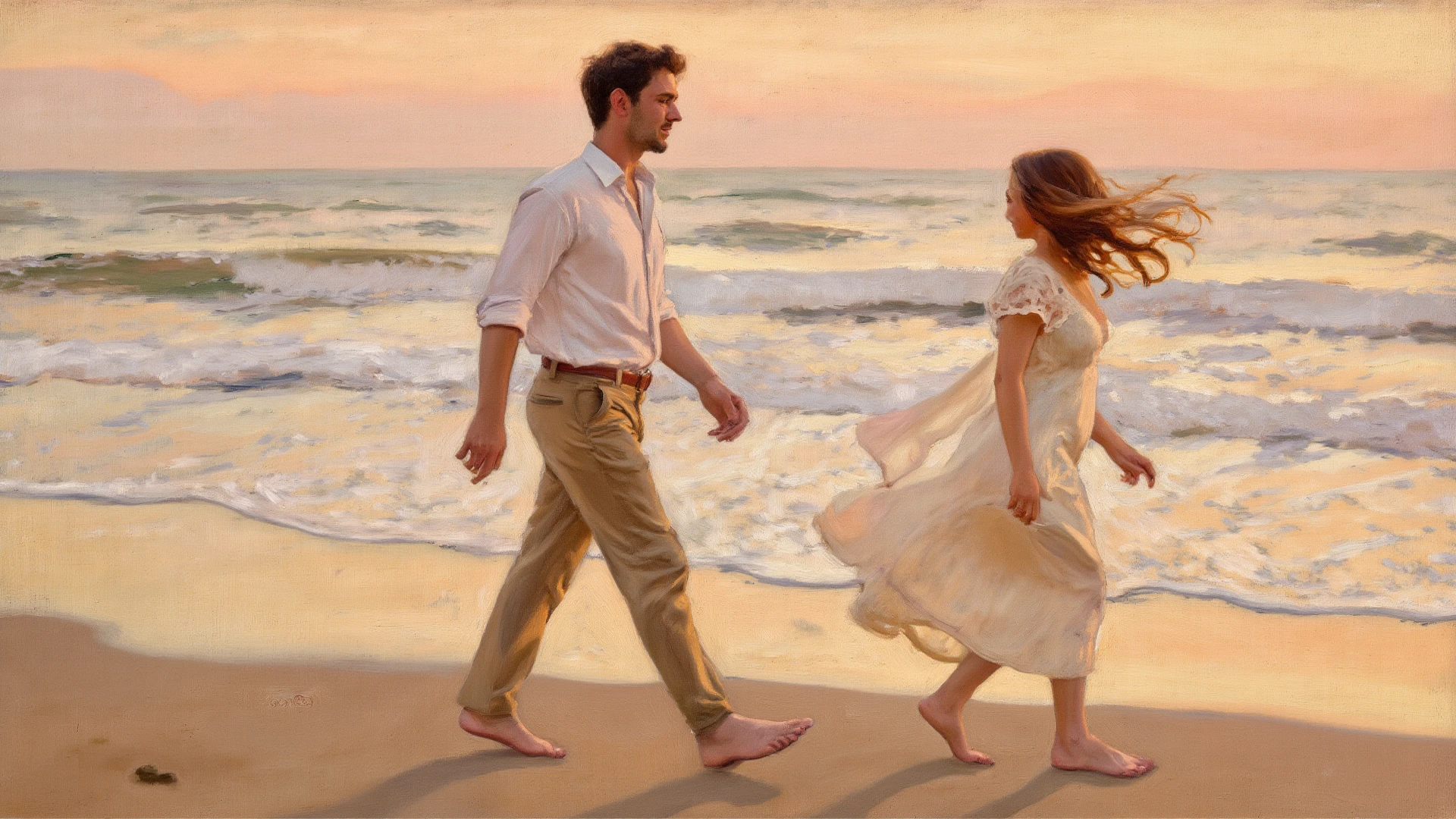 painting of a man and woman embracing on the beach, rob rey and kentarõ miura, by mads berg, rob rey and kentarõ miura style, romance novel cover, rob rey, by Juan O'Gorman, rhads and lois van baarle, by Thomas Dalziel, inspired by Stevan Dohanos