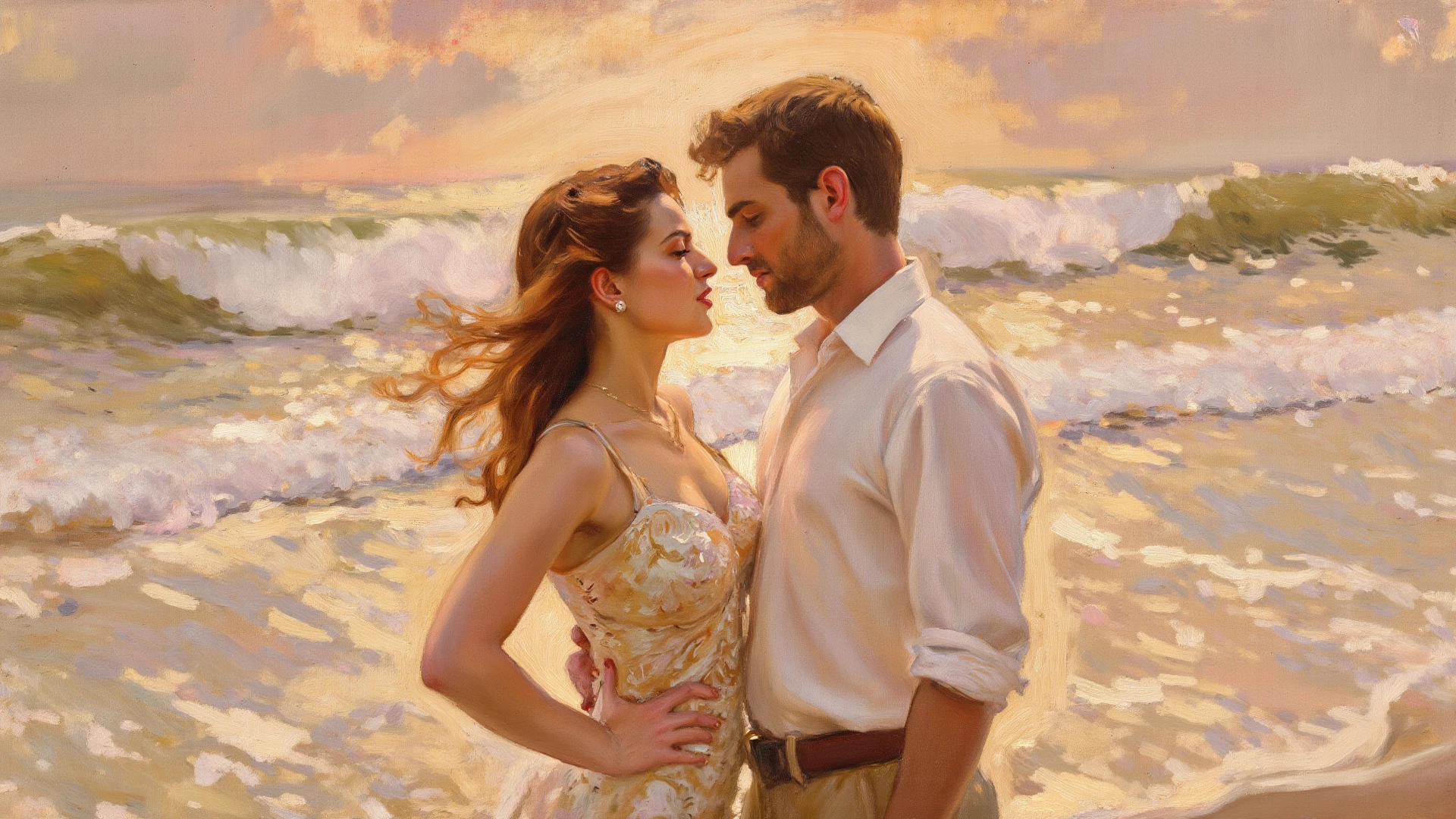 Man and woman embraced looking at the horizon oil painting style
