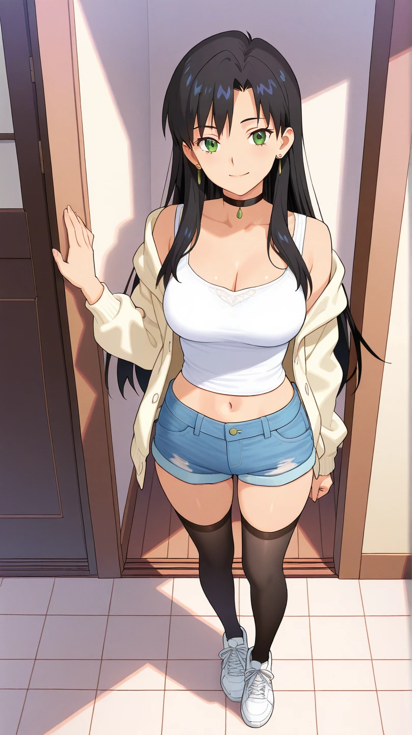 (masterpiece: 1.6, best quality), (beautiful eyes: 1.2), (Elevated), high quality, pretty face, 1 girl, Wide-angle lens, white crop top, leather shorts, oversized leather jacket, open shoulders, big , long hair, wide hips, (garden), street, background, 详细background, creepy smile, angled laughter, smokes, sunglasses，pregnant belly，pregnant belly，oni horn