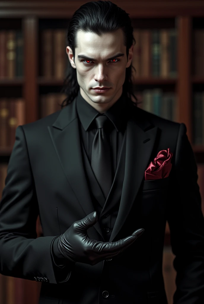 (8k, RAW photo, highest quality),(epic realistic:1.5), 1boy, tough looking guy, handsome man, chiselled jaw, giga chad, caucasian, slick back hair, (smirk), grin, ((bright red eyes)), photorealistic, (evil look), business suit, lovecraft, holding a glass, 1900s, intricate details,cinematic, dark studio,(hdr:1.5),detailed, looking at viewer