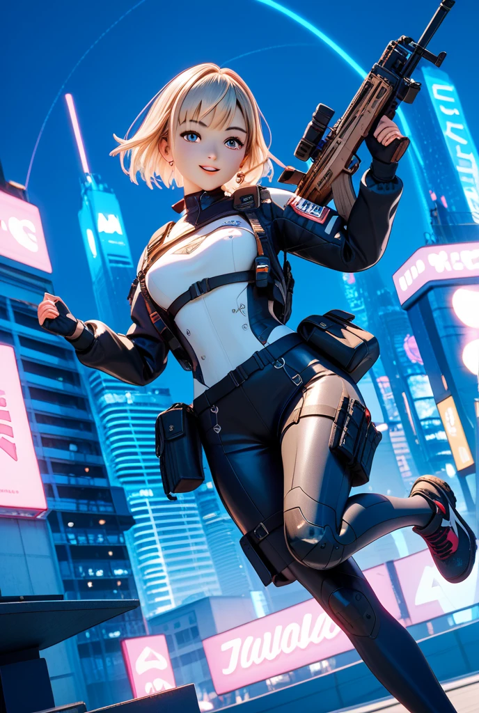 Female general in mecha, one female, Kicking the neck, wearing a full bathing suit, shorts, high chest kick, in the sky behind, the child, side kick, no person background