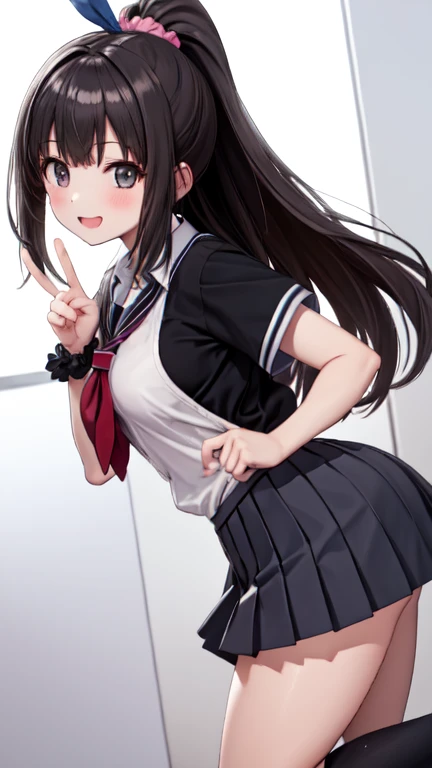 a cute girl with twin tails, black hair, upturned eyes, mischievous expression, wearing a with a short skirt, , sticking out tongue, making a peace sign, (best quality,4k,8k,highres,masterpiece:1.2),ultra-detailed,(realistic,photorealistic,photo-realistic:1.37),1girl,beautiful detailed eyes,beautiful detailed lips,extremely detailed face and eyes,long eyelashes,dynamic pose,vibrant colors,soft lighting,kawaii aesthetic,mischievous expression,school girl uniform,short skirt,small breasts,tongue out,peace sign