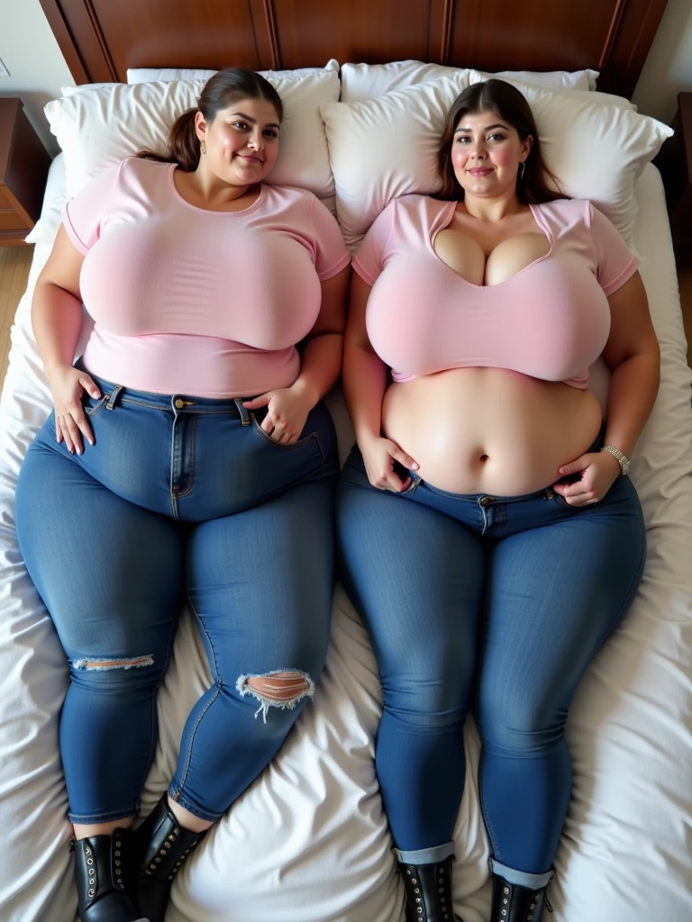 (4 Heads), Kat dennings face with huge round droopy breast, two heads on one body, in a bedroom, wearing leggings, white tshirt, full body, , brunette goddess, instagram model, busty, pale skin,, a gorgeous red head woman ,cute freckles, straight hair, massive breasts, thick, chubby, fat stomach, visible curves, pale skin,conjoined twins, one body, thick legs with feet