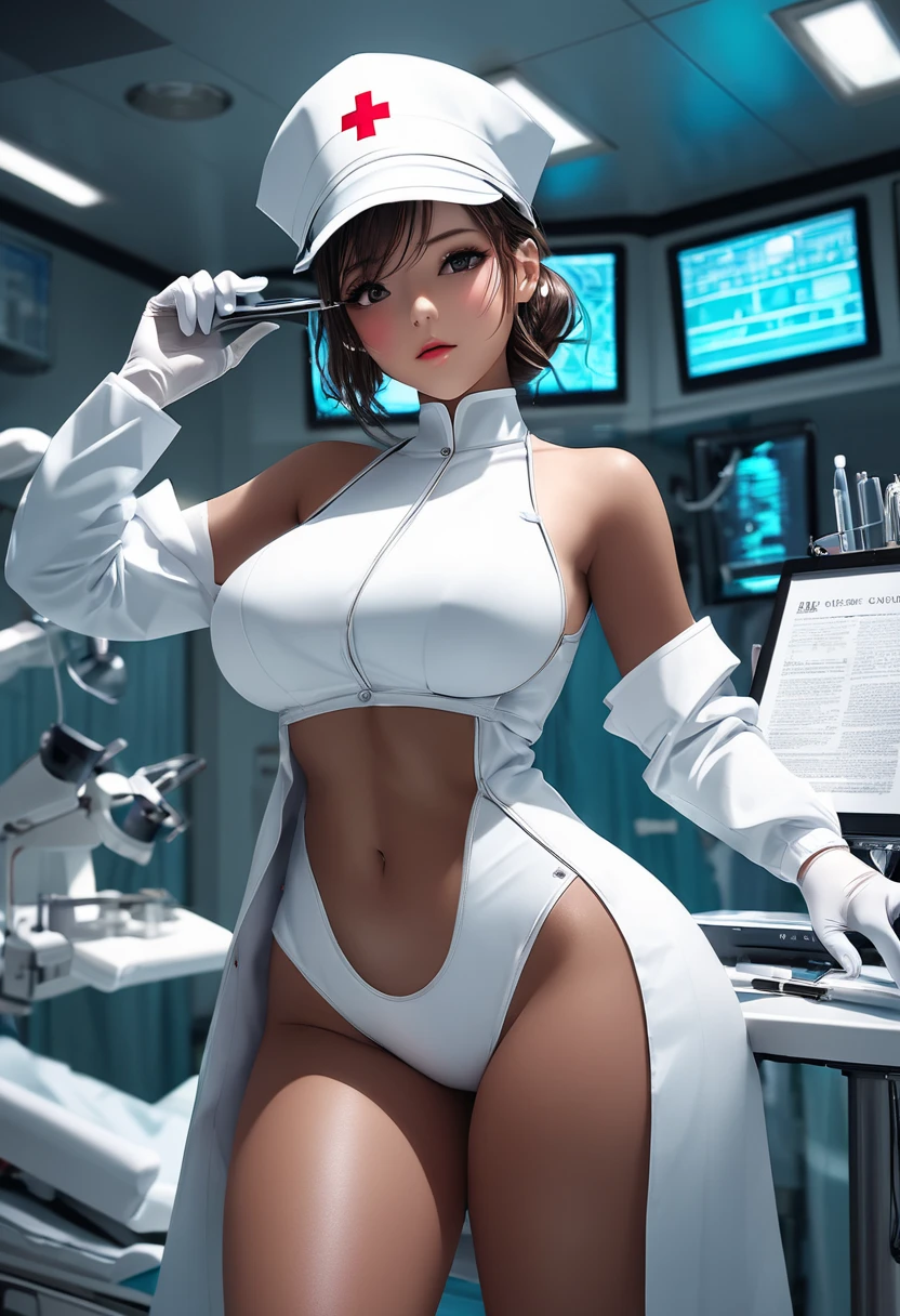(Top quality),8K,(Masterpiece:1.3),entire body image,(1 girl:1.3),(Medium breasts:1.2),(nedium breasts:1.2),Burst breasts,Realisticity,high resolution,Highly detailed face and skin texture,Realistic faces,Original photo,((Beautiful faces:1.5)),(Beautiful woman:1.4),(Perfect body proportions:1.3),Whitening skin,Shiny skin,((Ultra-detailed face)),The attention to detail,Double eyelids,Eyeshadow strengthening,Eye of detail,Many eyelashes,Professional lighting,Cinematic lighting,((Sexy nurse costume)),tempting pose,(Erotic:1.3),hospitals,head straight-looking at viewer