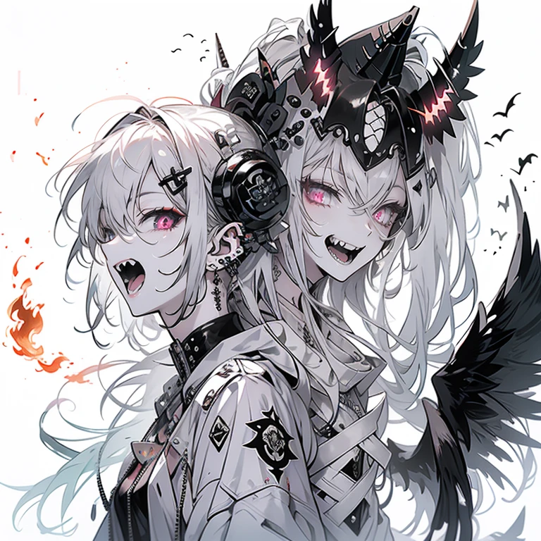 ((((Black Mask)))) (((Black hoodie Wearing a hood Demon Horns))) ((Shiny earrings Small black ribbon)) White background Shining Edge Shining Background