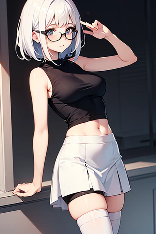 ((masterpiece, ultra detailed, best quality, absurdres, highres, 8k, 4k, uhd, beautiful, intricate)), 1girl, dynamic pose, half body, standing, small breasts, (white short hair, messy hair), icy blue eyes, black shirt, pleated skirt, transparent background