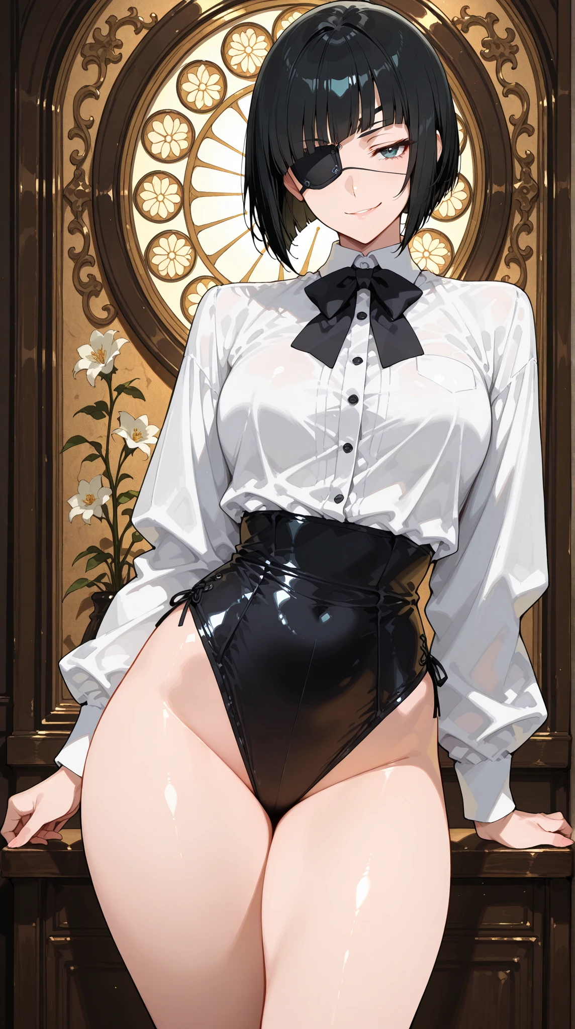 (1girl, Alone, alone), (WakatsukiRisa, Sarada uchiha, black hair, short hair, Black eyes, red glasses), ((Alone, (1woman, pink lipstick, Black eyes), extremely detailed , Soft ambient lighting, 4K, perfect eyes, a perfect face, Perfect Lighting, the 1 girl)), ((fitness, , shapely body, athletic body, toned body)) , ((maid uniform, black clothes, lifting the skirt, showing the panties, maid clothes, window in the background, blue sky, bushes, red curtain, shy, garter belt, cloulds, lace panties))