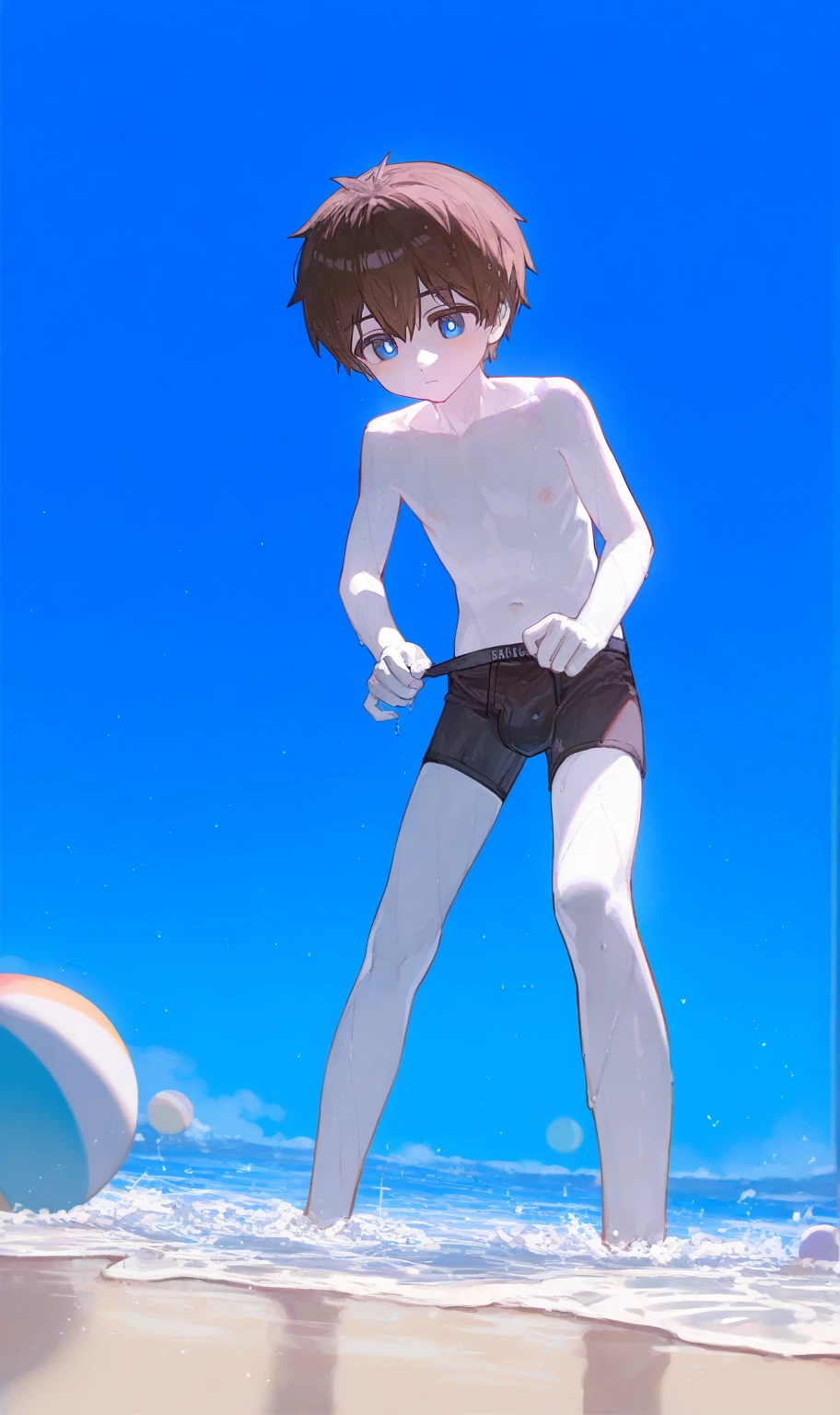 ((Best quality)), ((masterpiece)), cute skinny boy, Shy, 12 years, shirtless, in short white transparent swimming trunks, back to camera, Without clothing