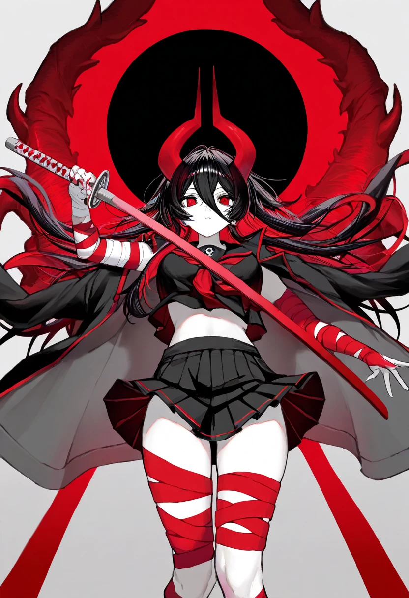 Long black hair anime girl holding sword and red background, Demon anime girl, gapmoe sick grimdark, Kill and kill illustration, Badass anime 8k, Monochrome and red bleeds, Demon Slayer art style, devil girl, gapmoe sick, Kill and kill, Persona 5 art style wlop, Rin Harusaka, morbidSurrealism, chiaroscuro, depth of field, cinematic lighting, best quality, UHD