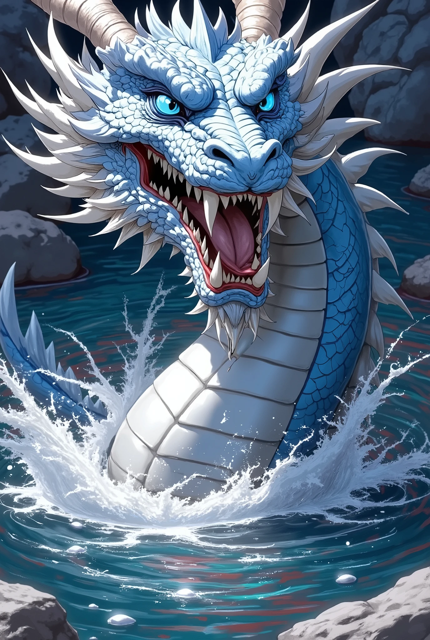 A ferocious water dragon emerging from a wild river, roaring with its mouth wide open, surrounded by splashing water and mist, dark blue and deep ocean tones, fantasy style, hyper-detailed, vertical 9:16 composition, dramatic lighting, cinematic atmosphere, high resolution