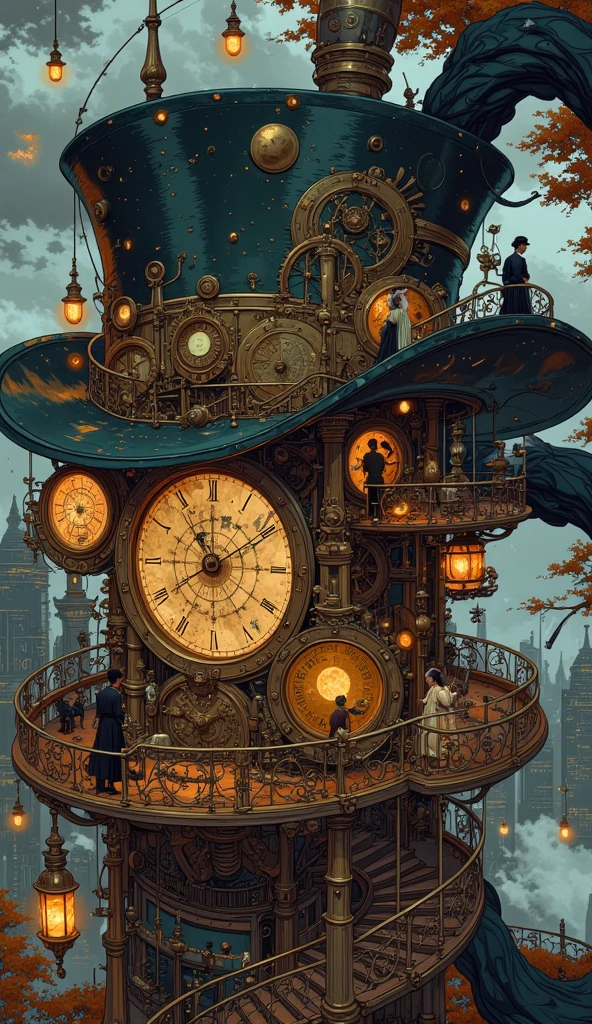 steampunkai。(Highest quality:1.2)。One Woman。Beautiful steampunk witch。Blonde Long Hair。Standing halfway up a metal spiral staircase。Looking into the distance。The background is a sea of clouds and high clouds。