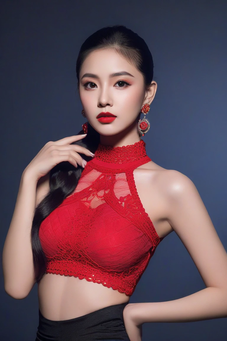 Anime-style woman, thin, thin, whole body, Full of tattoos, Lots of earrings, Beautiful and shiny hair, Rainbow Eyes, Slanted Eyes, Wavy Hair, Kind and charming, shoulderを露出させる, Delicate and sexy collarbone, Attractive oval face, double eyelid, Pink Lips, Small Nose, Concentrated face, Ultra-high resolution, Very detailed, Graceful posture, Nice, ultra-thin, See through, Bloody Red,Solo mesh dress with lots of rhinestones,(arm、shoulder、Tribal tattoo pattern body paint on chest),Glowing Skin, Realistic Background, sunlight,(From below:1.3),(Looking down, Display in viewer:1.3)