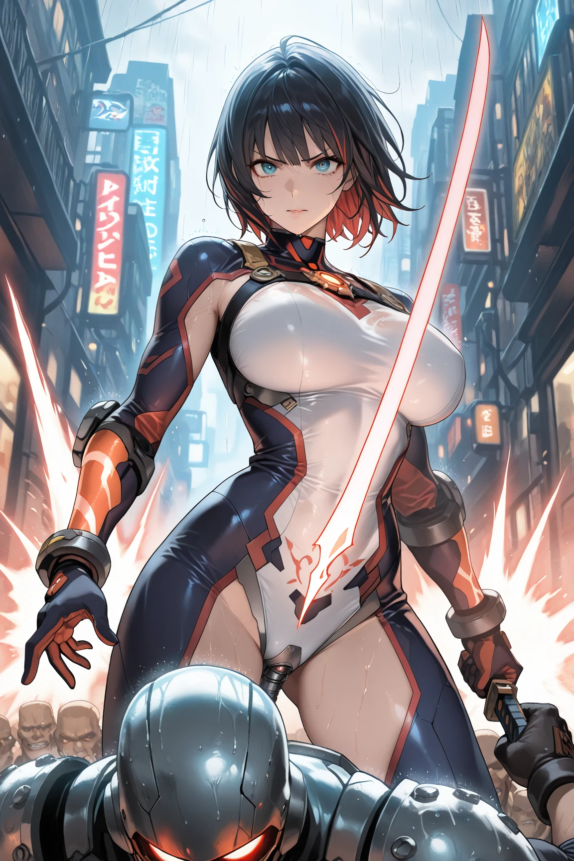 ultra-detailed, Explicit, Beautiful body, Beautiful Nose, Beautiful character design, perfect eyes, perfect face, ultra highres, 4K, beautiful legs, perfect legs, Nice hands, Perfect hand, Masterpiece, Best Quality, Highly detailed, illustration, absurdres, perfect anatomy, street fighter, doll suit, shadaloo doll, dollsuit, expressionless, blank eyes, looking at viewer, red gloves, emotionless, black latex, corruption, mind control, female combatant, full body, hypnotized, unhappy trance, full body suit, ribbed bodysuit, both arms at side, obey, perfect female body, extremely glossy latex, hypnosis, hypnoLora, empty eyes, Mind control device, poses, submissive_pose, Slave, standing straight, standing, standing at attention, hat, necktie, belt, latex, ribbed bodysuit, thigh Highs, garter belt, Fighting Stance, extending the right arm from the shoulder into the air with a straightened hand, military, thigh boots, black pantyhose, (((pixel-perfect, detail-perfect))), solo, 1girl, hair ornaments, short hair, brown hair, short brown hair, blue eye, golden eye, Kozue Hiiragi, Heaven Burns Red, medium breast, Heterochromia, holding scythe, scythe