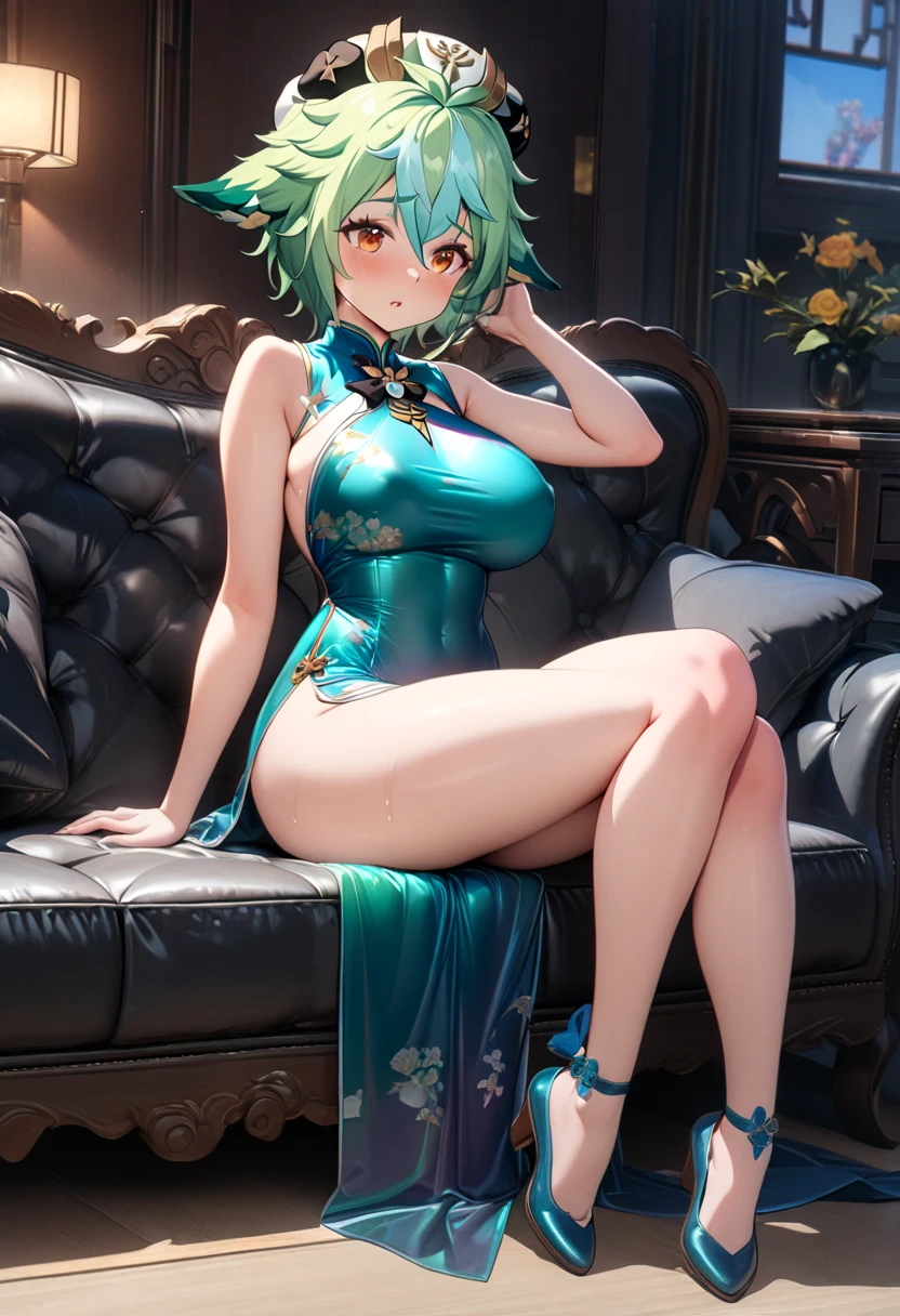 NSFW、BDSM、PRAYER、Tamaki、Highest quality、High resolution、Super detailed、masterpiece、Anatomically correct、long eyelashes,dropping eyes,emerald green eyes,A mole under the right eye,emerald green hair,short bob haircut,hairs between eyes,gigantic perky breasts,cleavage black chinesedress, forehead, flustered, (show off panties:1.2), sitting, spread legs, (Beijing:1.2)
