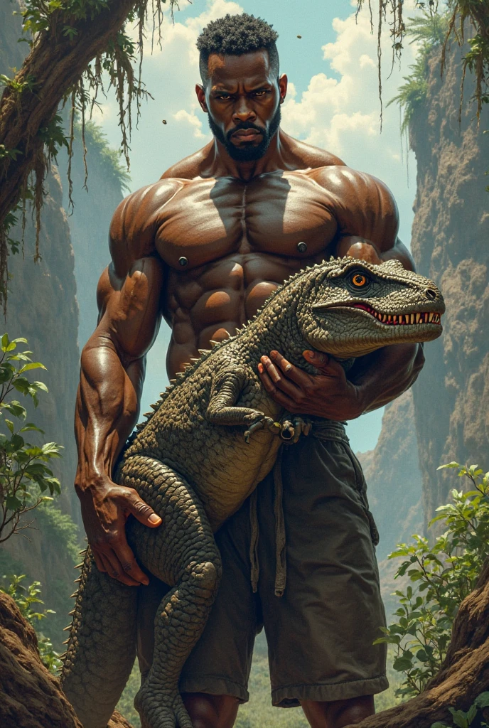 A fat black man rides a fat crocodile in a humid forest.