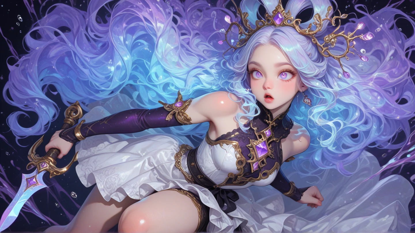 there is a woman with pink hair and a crown on her head wearing a white bikini showing cleavage, background is a pale pink themed castle in the sky with clouds, a beautiful fantasy empress, ((a beautiful fantasy empress)), royal elegant pose, glossy skin, pale snow white skin, princess portrait, princess, artificial intelligence princess