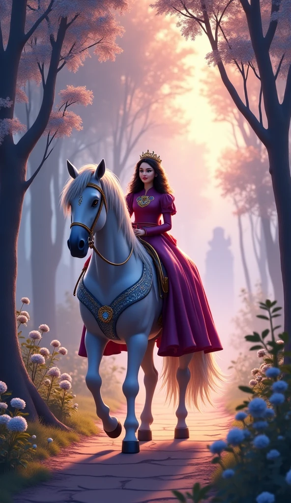 two kingdoms joined together in one happy and prosperous place with a castle behind. and it's a pink unicorn with its human friend
realistic