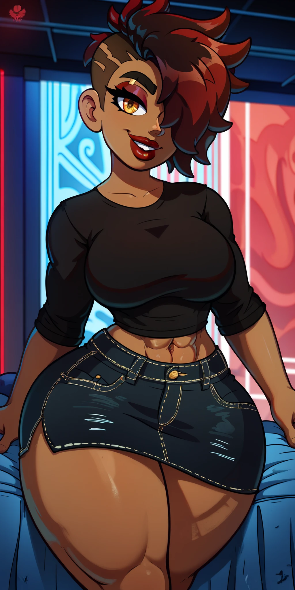 Angry gang girl in threatening position, slim thicc, light tanned skin, dark blue ponytail hair, delicate face, perfect medium firm breasts, athletic complexion, very thin waist, muscular abdomen, Wide hips, hip dips, very big thighs, long legs, with a short sweater showing the gray abdomen, very tight jeans, combat boots, in dangerous alley scenario