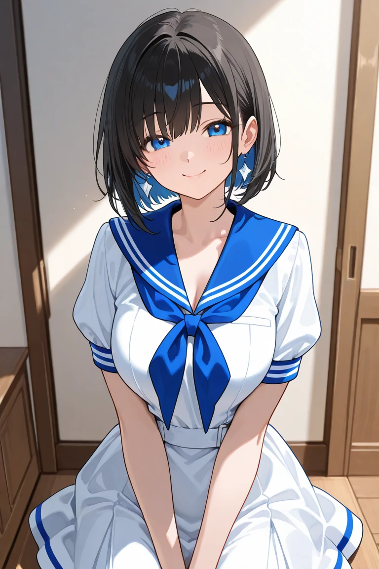 ((masterpiece)), ((best quality)), (ultra-detailed), ((extremely detailed)), 4K, (8K), best quality,, ((((perfect anatomy)))), five fingers, ((((beautiful detailed eyes)))), (((world-class quality))), ((photorealistic)), extremely detailed, high resolution, (detailed shaded pretty face), ((house wife)), solo, ((sagging breasts)), , ((glowing detailed skin and hair)), white-skinned, (((glistening skin))), kasumi iwato, baby face, black hair, happy smile, huge ass, arona, , short hair, single braid, hair over one eye, halo, ((pale light blue sailor uniform)), ((pale light blue long sleeves)), (white sailor collar), (white bowtie), white choker, (white skirt), white sneakers, (white bow hairband), navel, ((pale light blue e shirt))