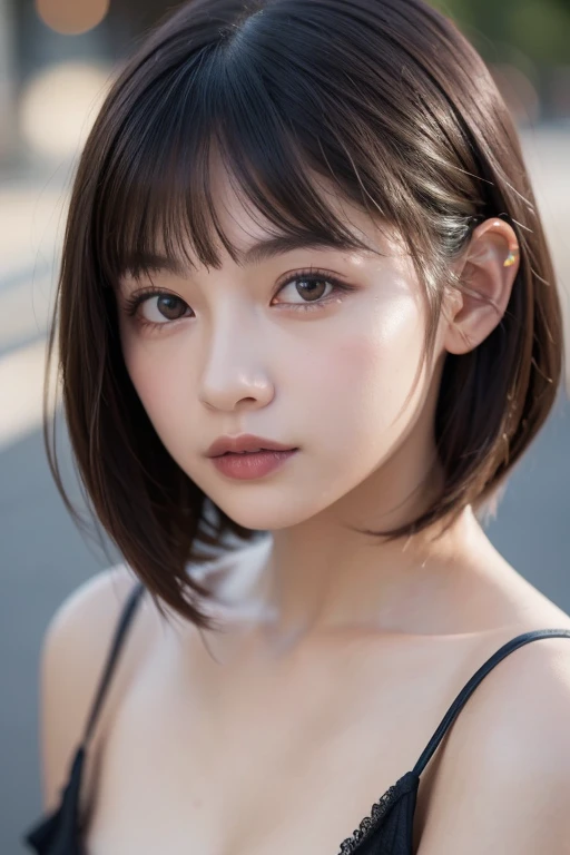 (Ultra-realistic), (figure), (High resolution), (8K), (Very detailed), (Best figure), (Beautiful and detailed), (Highest quality), (Super detailed), (masterpiece), (wallpaper), (Detailed face), alone, One Girl, watching viewer, Trendy summer clothes，、Fine details, Detailed face, In the Dark, Deep Shadow, Modest, Pure Erotic Face Ace_v1, cool, short hair, Pointed diagonal bangs，Aoyama Street