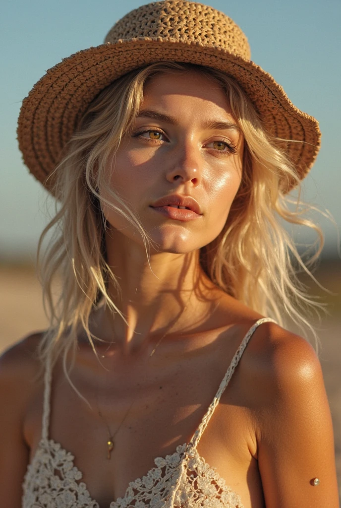 a portrait of a beautiful woman, topless, , (light freckles, beauty spots:1.2), she has long (platinum white:1.2) wavy hair, she is wearing a beige sunhat
background of the ocean, sunset, sun-kissed, sunflare