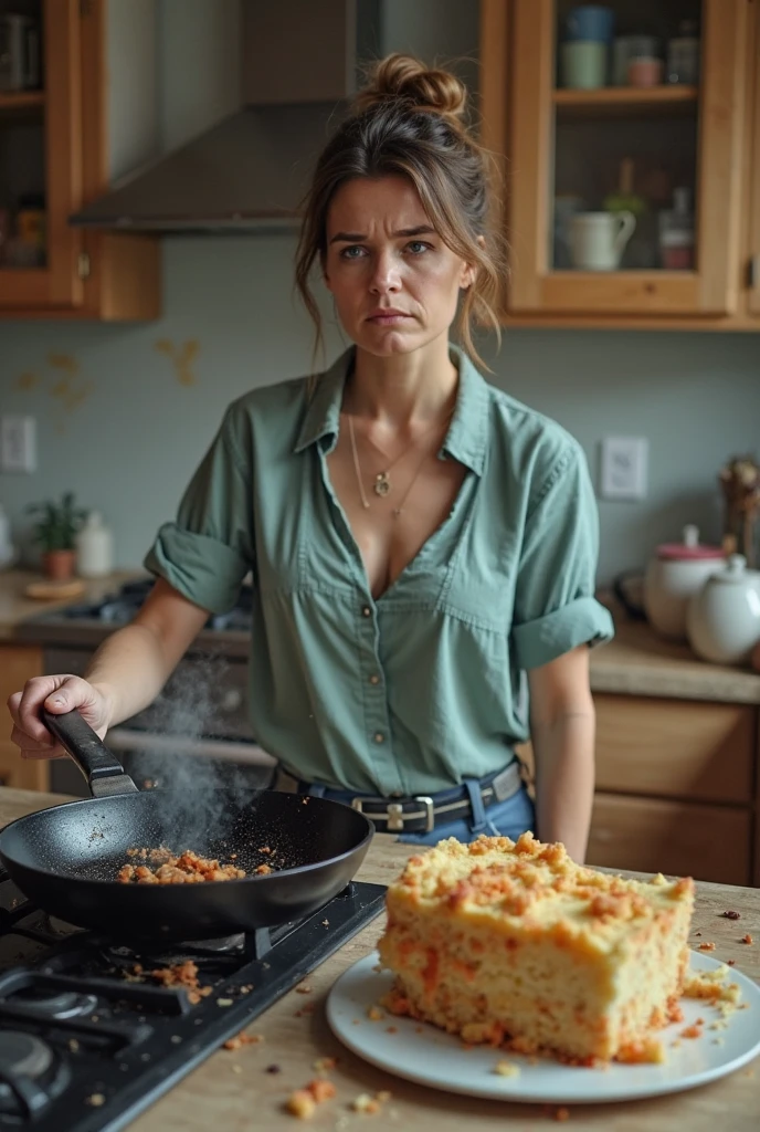 1girl, pretty, cutie, petite, slim, perfect body, perfect eyes, ((brunette)) messy bun hair, in the kitchen, looking at the camera, cooking, food on the walls food mess, food everywhere, messy, gross, food fight, perfect face and eyes, film grain, cinematic, lens bokeh, epic composition, natural lighting, photography, hyperrealistic, double exposure, blurry, motion blur, absurdres, highres, high quality, best quality, masterpiece, intricate, <lora:messyroom:1>