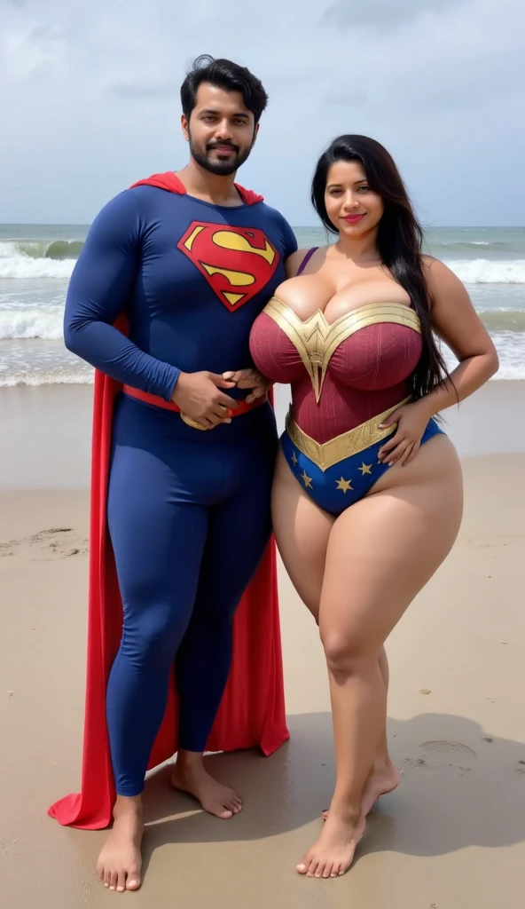 mature and fat old woman caresses and seduces fat and muscular superhero with big genitals drugged and surrendered in spandex, full body photo,